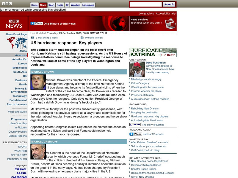 Bbc: Us Hurricane Response: Key Players Handout Bbc: Us Hurricane Response: Key Players Handout