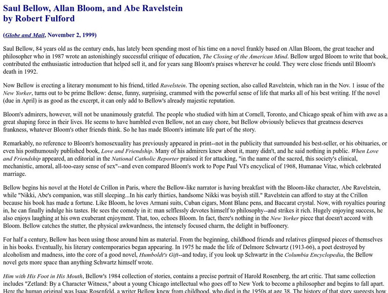 Saul Bellow, Allan Bloom, and Abe Ravelstein Website Saul Bellow, Allan Bloom, and Abe Ravelstein Website