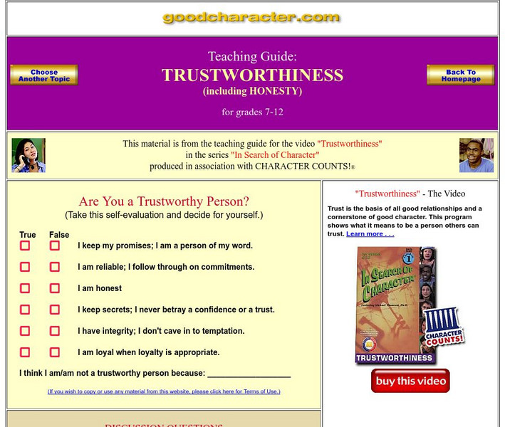 Good Character: Trustworthiness Activity Good Character: Trustworthiness Activity