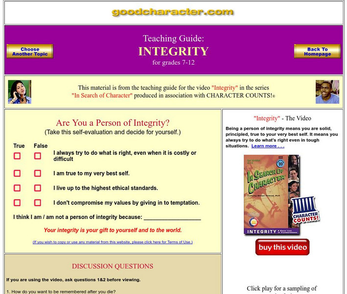 Good Character: Integrity Activity Good Character: Integrity Activity
