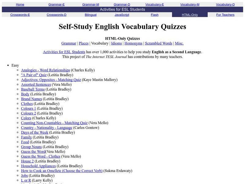 Activities for Esl Students: Vocabulary Quizzes Unknown Type