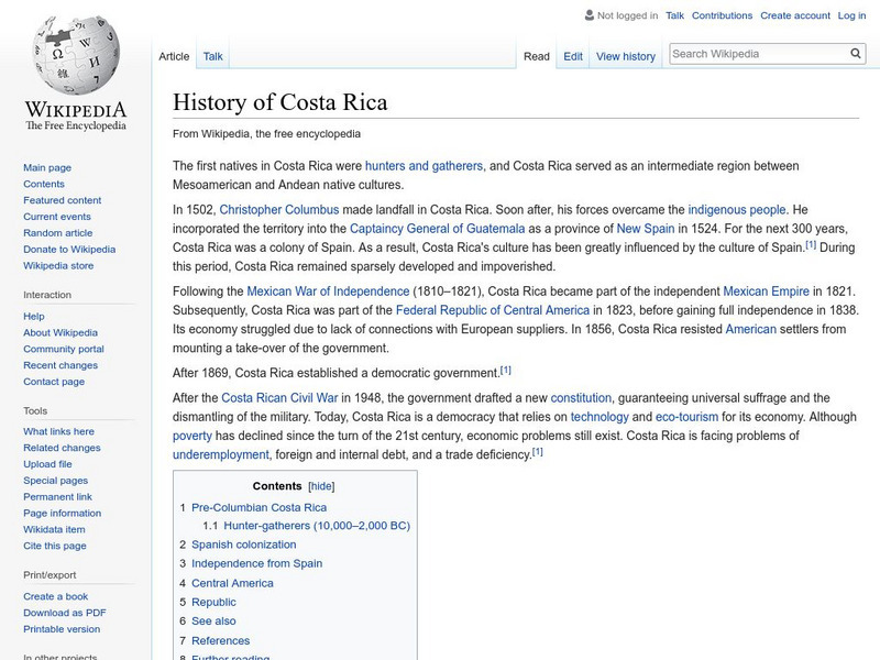 Wikipedia: History of Costa Rica Handout