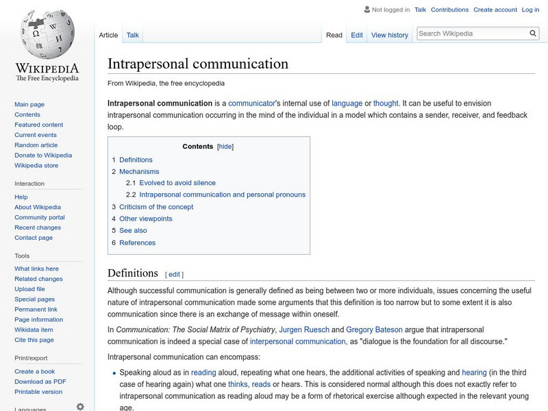 Wikipedia: Intrapersonal Communication Handout Wikipedia: Intrapersonal Communication Handout