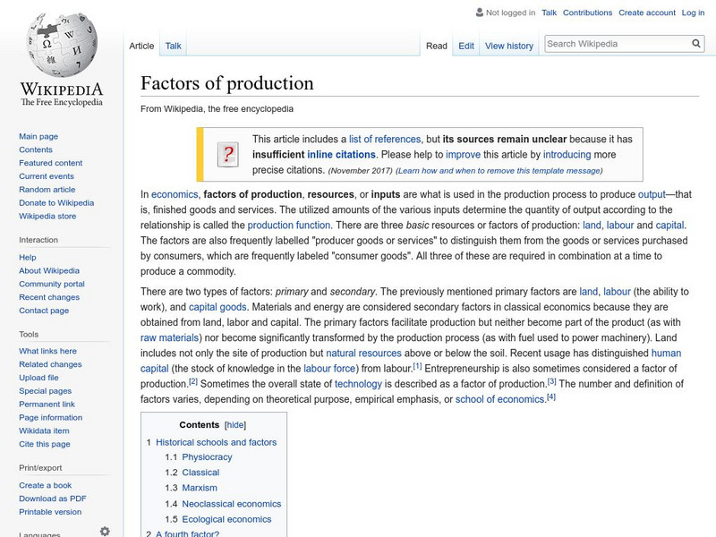 Wikipedia: Factors of Production Handout Wikipedia: Factors of Production Handout