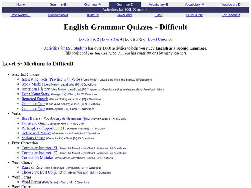 Activities for Esl Students: Grammar Quizzes Difficult Website Activities for Esl Students: Grammar Quizzes Difficult Website