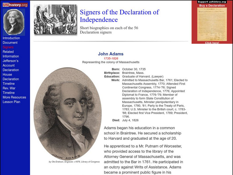 U.s. History: Signers of the Declaration: John Adams Handout U.s. History: Signers of the Declaration: John Adams Handout