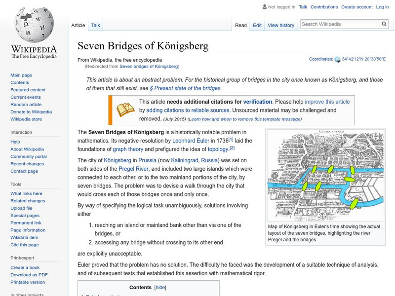 Wikipedia: Seven Bridges of Konigsberg Handout Wikipedia: Seven Bridges of Konigsberg Handout