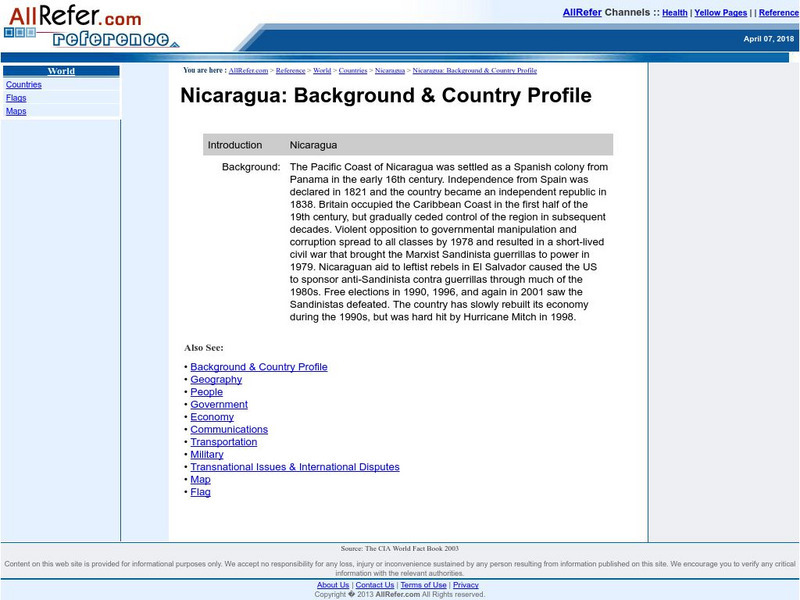 All Refer Reference: Nicaragua: Introduction & Country Profile Handout All Refer Reference: Nicaragua: Introduction & Country Profile Handout