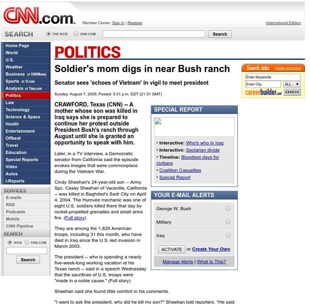 Cnn: Soldier's Mom Digs in Near Bush Ranch 8/07/05 Article Cnn: Soldier's Mom Digs in Near Bush Ranch 8/07/05 Article