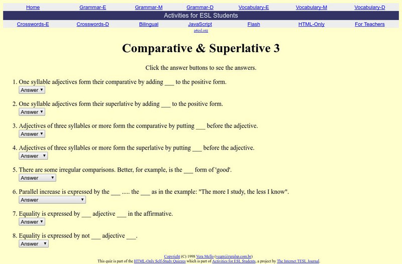 Activities for Esl Students: Esl Quiz: Comparative and Superlative Forms Unknown Type Activities for Esl Students: Esl Quiz: Comparative and Superlative Forms Unknown Type