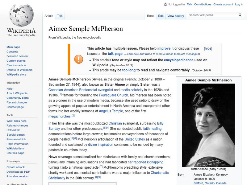 Wikipedia: Aimee Semple Mc Pherson Handout Wikipedia: Aimee Semple Mc Pherson Handout