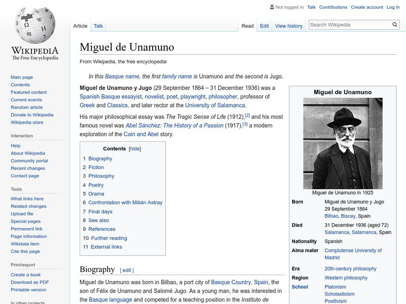 Wikipedia: Miguel De Unamuno Handout Wikipedia: Miguel De Unamuno Handout