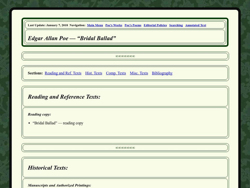 Edgar Allan Poe Society of Baltimore: Poe's Poems: Bridal Ballad Primary Edgar Allan Poe Society of Baltimore: Poe's Poems: Bridal Ballad Primary