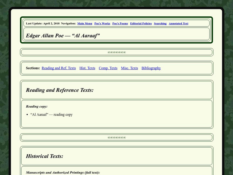 Edgar Allan Poe Society of Baltimore: Poe's Poems: Al Aaraaf Primary Edgar Allan Poe Society of Baltimore: Poe's Poems: Al Aaraaf Primary