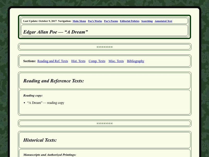 Edgar Allan Poe Society of Baltimore: Poe's Poems: A Dream Primary Edgar Allan Poe Society of Baltimore: Poe's Poems: A Dream Primary