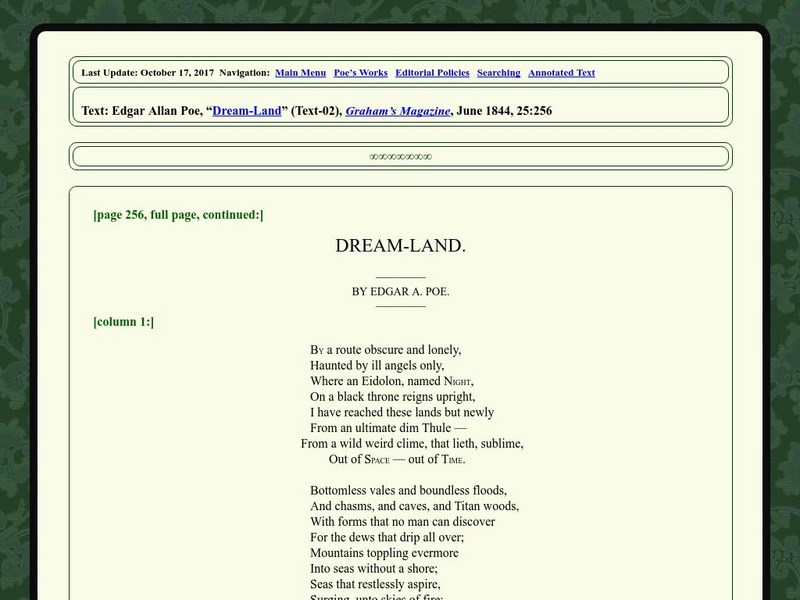 Edgar Allan Poe Society of Baltimore: Poe's Poems: Dream Land Primary Edgar Allan Poe Society of Baltimore: Poe's Poems: Dream Land Primary