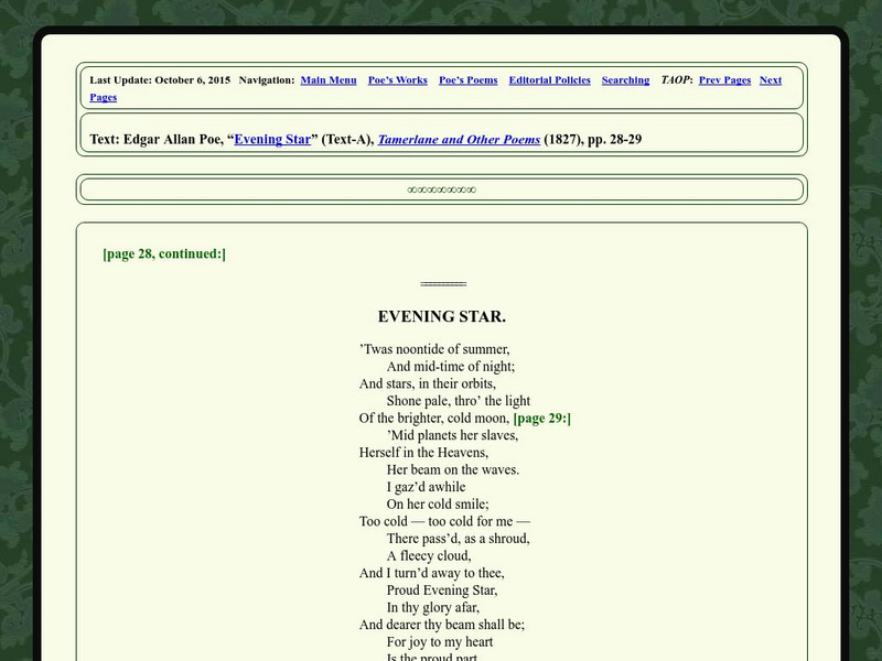 Edgar Allan Poe Society of Baltimore: Poe's Poems: Evening Star Primary Edgar Allan Poe Society of Baltimore: Poe's Poems: Evening Star Primary