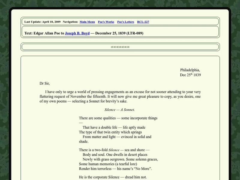 Edgar Allan Poe Society of Baltimore: Poe's Letters: Poe to Joseph B. Boyd Primary Edgar Allan Poe Society of Baltimore: Poe's Letters: Poe to Joseph B. Boyd Primary