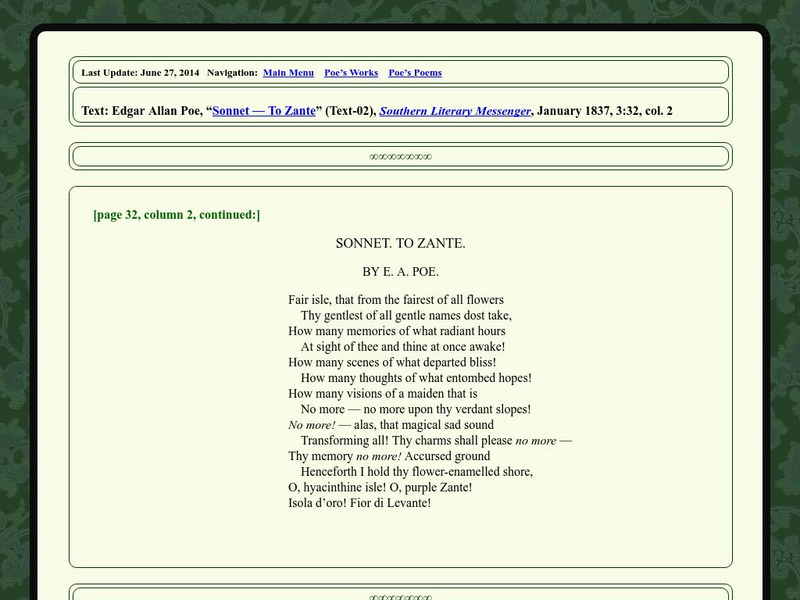 Edgar Allan Poe Society of Baltimore: Poe's Poems: Sonnet to Zante Primary Edgar Allan Poe Society of Baltimore: Poe's Poems: Sonnet to Zante Primary