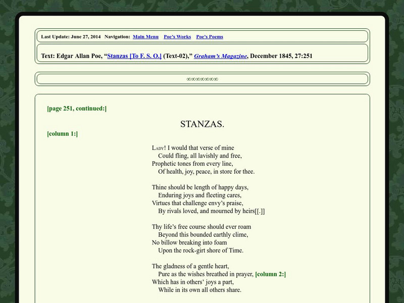 Edgar Allan Poe Society of Baltimore: Poe's Poems: Stanzas [To F. S. O.] Primary