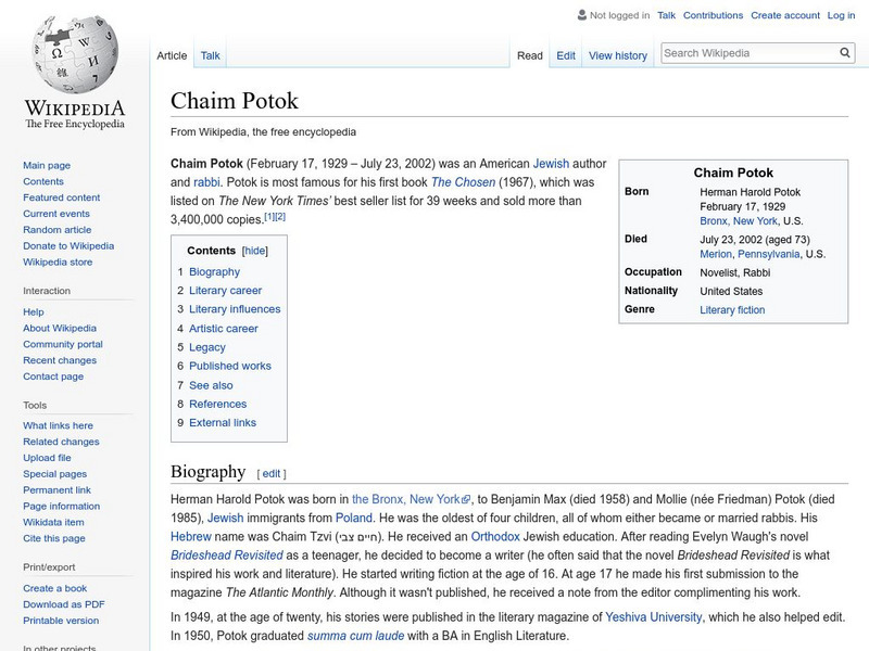 Wikipedia: Chaim Potok Handout Wikipedia: Chaim Potok Handout