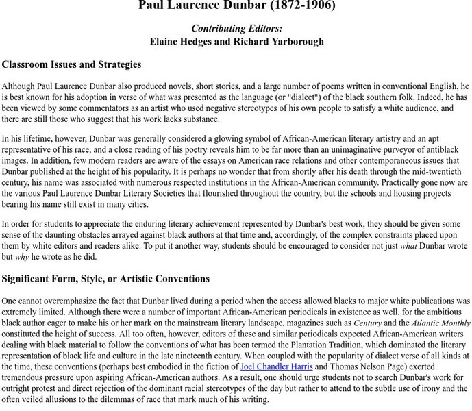 Paul Laurence Dunbar: Classroom Issues and Strategies Unit Plan Paul Laurence Dunbar: Classroom Issues and Strategies Unit Plan