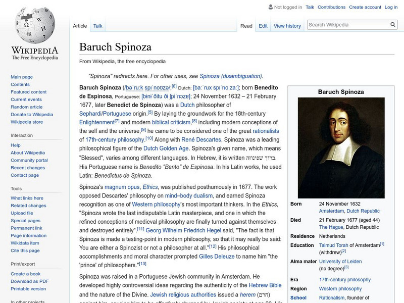 Wikipedia: Baruch Spinoza Handout