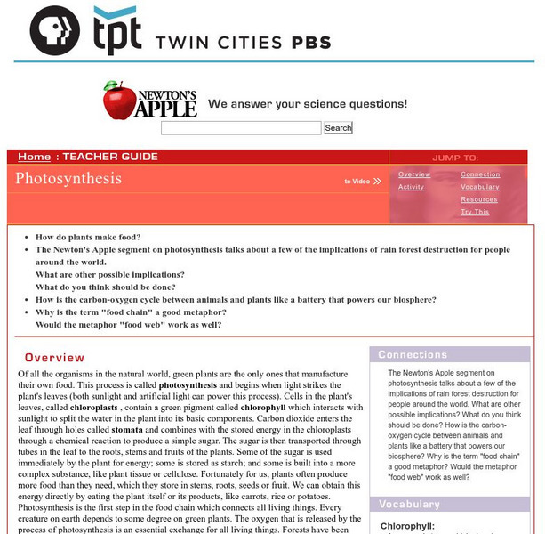 Newton's Apple: Photosynthesis: How Do Plants Make Food? Lesson Plan Newton's Apple: Photosynthesis: How Do Plants Make Food? Lesson Plan