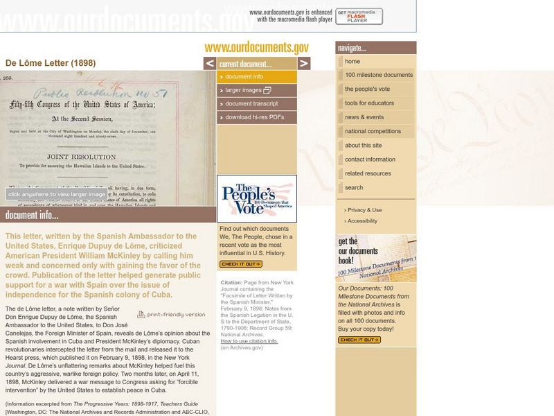 Our Documents: De Lome Letter (1898) Primary Our Documents: De Lome Letter (1898) Primary