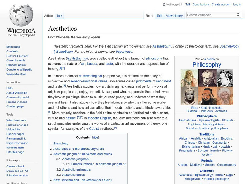 Wikipedia: Aesthetics (Or Esthetics) Handout Wikipedia: Aesthetics (Or Esthetics) Handout