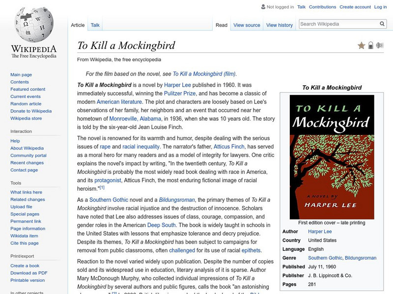 Wikipedia: To Kill a Mockingbird Handout Wikipedia: To Kill a Mockingbird Handout