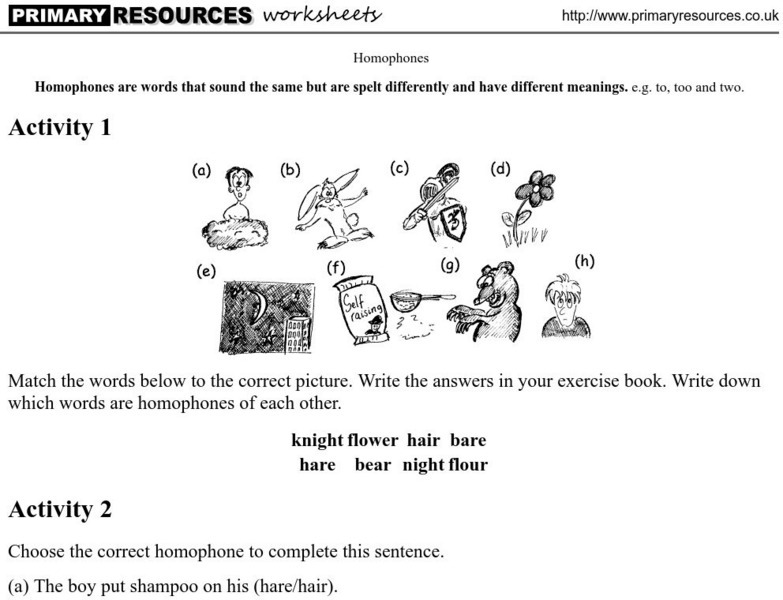 Primary Resources: Homophone Site Activity Primary Resources: Homophone Site Activity
