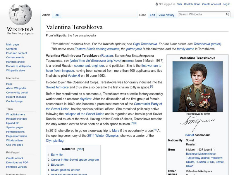 Wikipedia: Valentina Tereshkova Handout Wikipedia: Valentina Tereshkova Handout