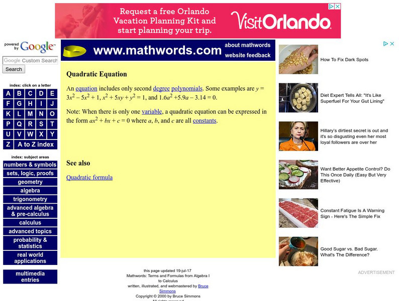 Mathwords: Quadratic Equation Activity Mathwords: Quadratic Equation Activity