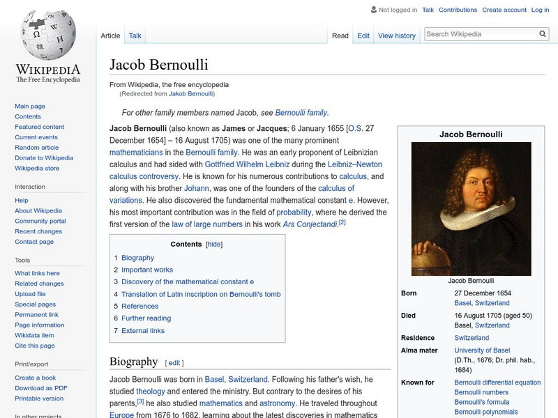 Wikipedia: Jakob Bernoulli Handout Wikipedia: Jakob Bernoulli Handout