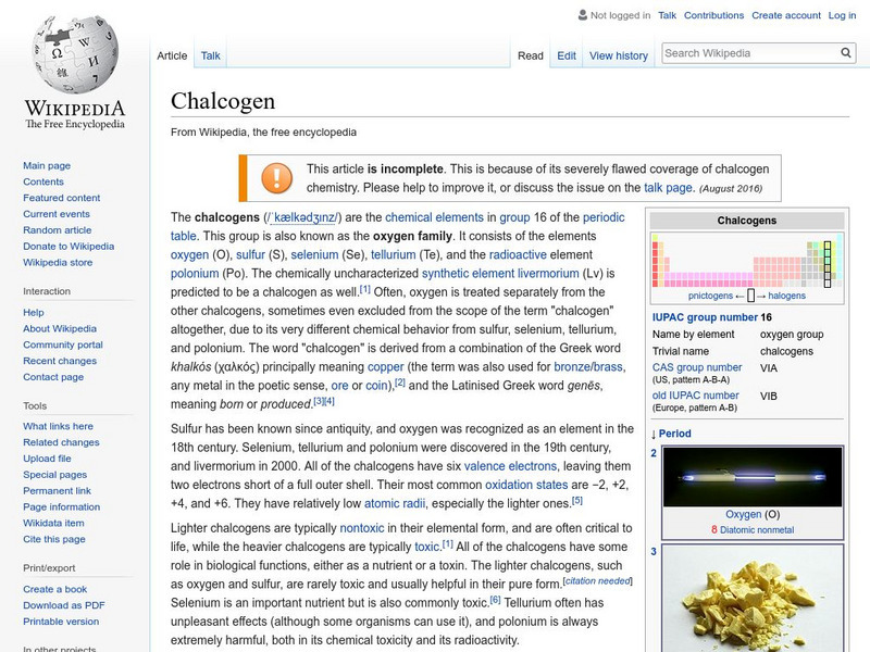 Wikipedia: Chalcogen Handout Wikipedia: Chalcogen Handout