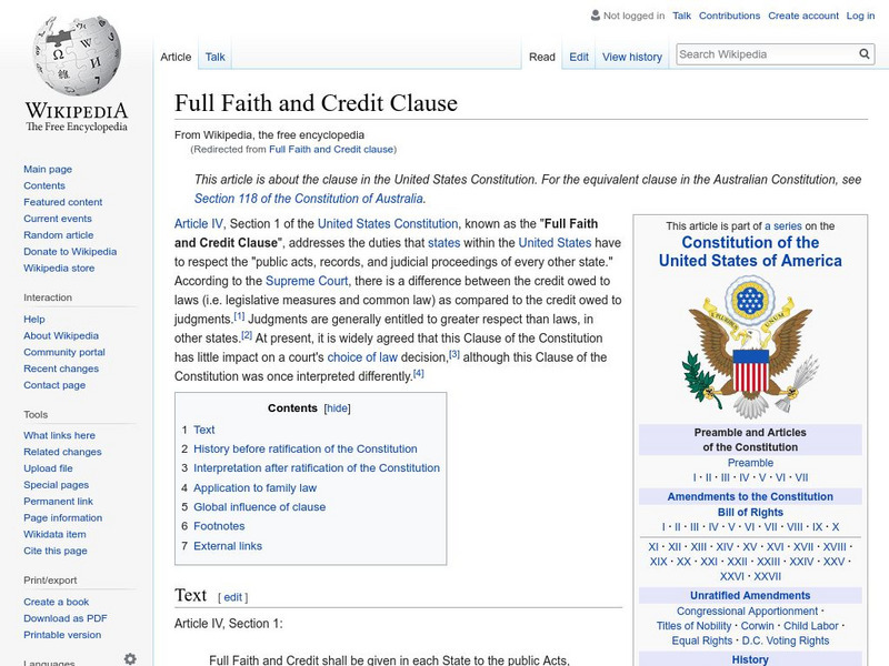 Wikipedia: Full Faith and Credit Clause Handout Wikipedia: Full Faith and Credit Clause Handout