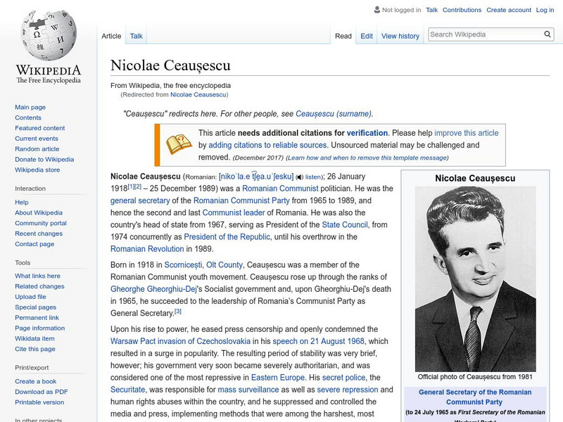 Wikipedia: Nicolae Ceausescu Handout Wikipedia: Nicolae Ceausescu Handout