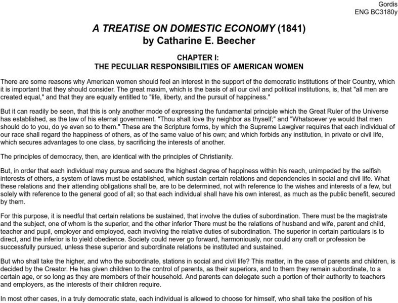 Treatise on Domestic Economy: The Peculiar Responsibilities of American Women Primary