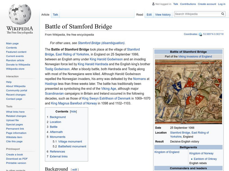 Wikipedia: Battle of Stamford Bridge Handout Wikipedia: Battle of Stamford Bridge Handout