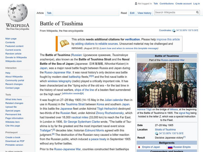 Wikipedia: Battle of Tsushima Handout Wikipedia: Battle of Tsushima Handout