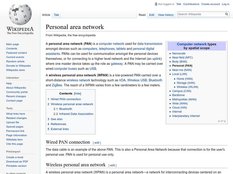 Wikipedia: Personal Area Network (Pan) Handout Wikipedia: Personal Area Network (Pan) Handout