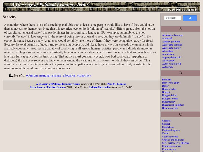Auburn University: Glossary of Political Economy Terms: Scarcity Explained Handout Auburn University: Glossary of Political Economy Terms: Scarcity Explained Handout