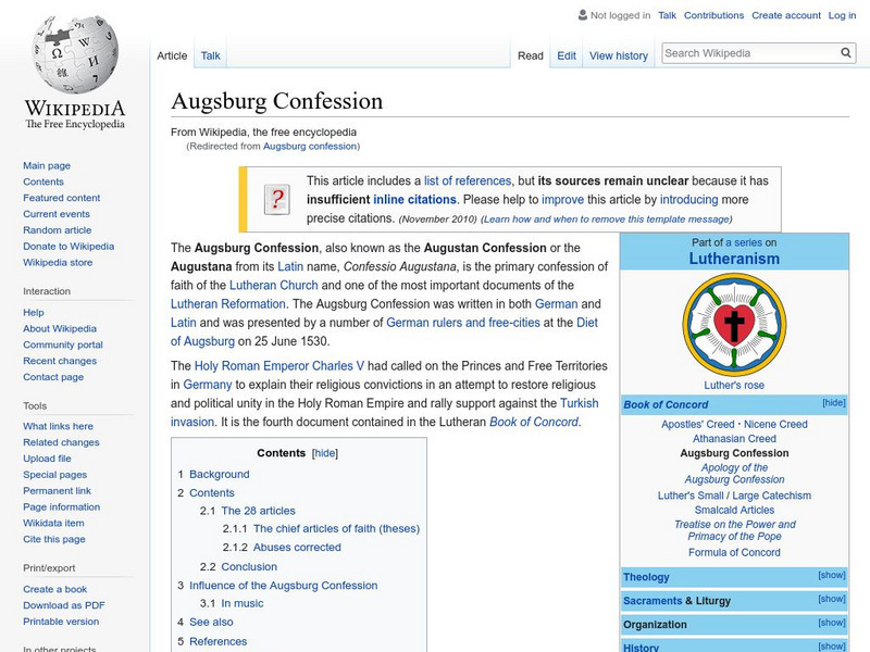 Wikipedia: Augsburg Confession Handout Wikipedia: Augsburg Confession Handout
