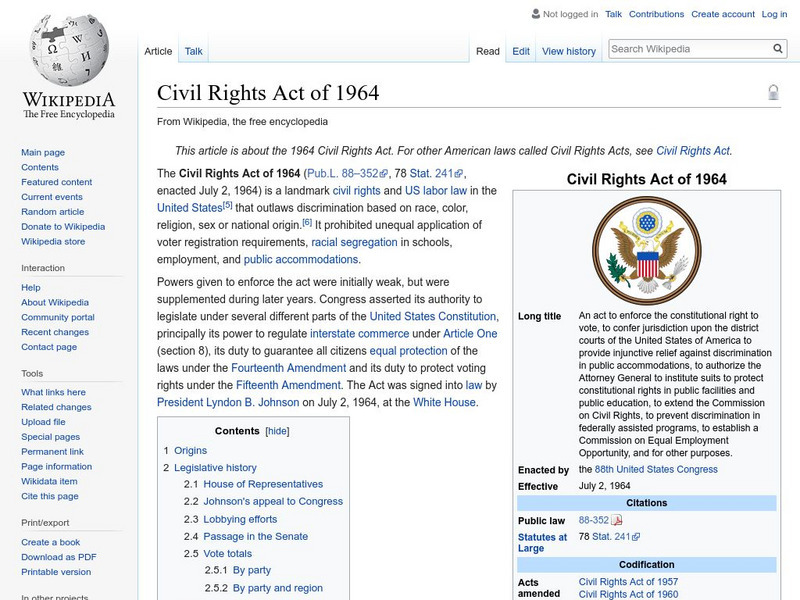 Wikipedia: Civil Rights Act of 1964 Handout Wikipedia: Civil Rights Act of 1964 Handout