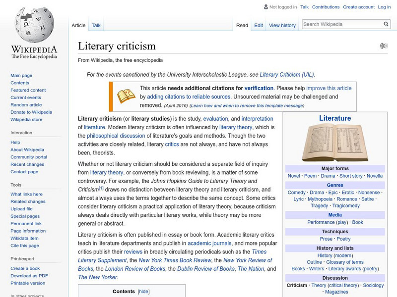 Wikipedia: Literary Criticism Handout Wikipedia: Literary Criticism Handout