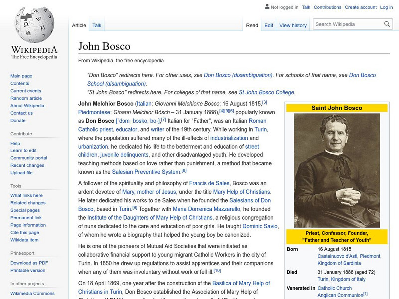 Wikipedia: John Bosco Handout Wikipedia: John Bosco Handout