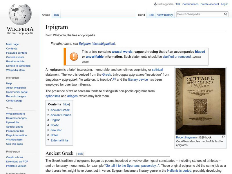 Wikipedia: Epigram Handout Wikipedia: Epigram Handout