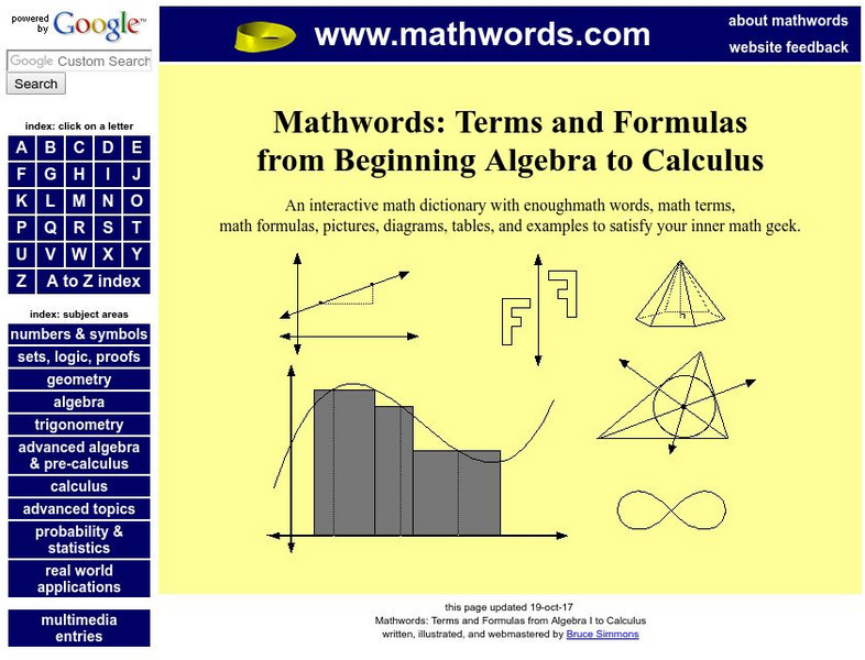 Mathwords: Terms and Formulas From Algebra I to Calculus Handout Mathwords: Terms and Formulas From Algebra I to Calculus Handout