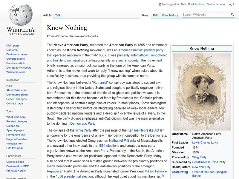 Wikipedia: Know Nothing Handout Wikipedia: Know Nothing Handout